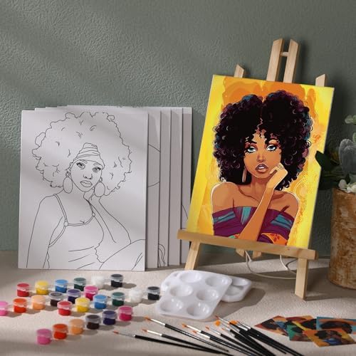 Dinifee 6 Pack Pre Drawn Canvas for Painting Pre Printed Canvas Kit 8 x 10 Inch Stretched Cotton Paint and Sip Set for Adults Couple Party Graduation Summer Date Night(Elegant Lady)