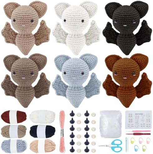ORIGACH 6 Set Halloween Bat Crochet Kit for Beginners, DIY Cute Amigurumi Yarn Set with Video Guide, Yarn & Tools, Complete Crochet Starter Pack, Crocheting Gifts for Halloween Decor