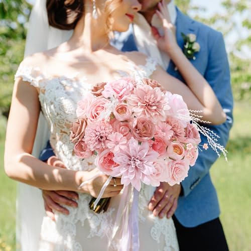 Floweroyal Artificial Flowers Fake Rose Flowers Dahlia with Stems for DIY Wedding Bridal Bouquets, Baby Shower, Floral Arrangement, Table Centerpieces, Home Decorations (Nude Color)