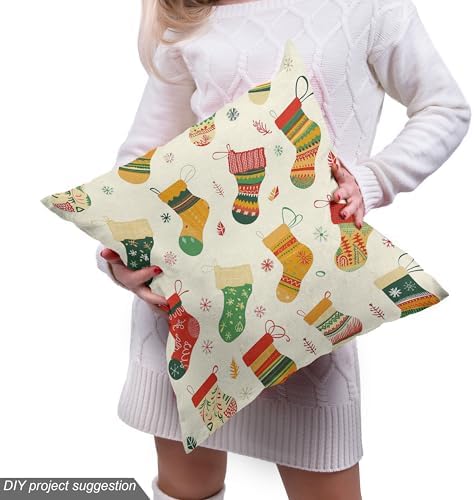 Lunarable Christmas Fabric by The Yard, Whimsical Colorful Xmas Stockings in a Row Falling Leaves Snowflakes, Decorative Fabric for Upholstery and Home Accents, 1 Yard, Cream Green Vermilion