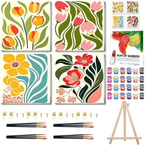 4 Pack Flower Paint by Numbers Kit for Kids, with Frame, 7.8x7.8 inch