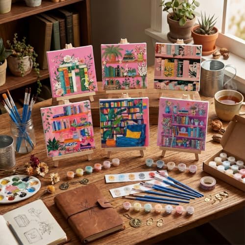 YooNotee 6 Pack Paint by Numbers Kit for Adults Pink Bookshelf Adult Paint by Number Kits for Women on Canvas Book DIY Acrylic Painting on 8x8 Inch Canvas with Wooden Easels & Brushes, Home Wall Decor