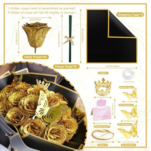 DIY Glitter Roses Bouquet Kit Gold- 16 Fake Shiny Flowers with Stems Butterfly Crown Eternal Floral for Graduation Handmade Wedding Bouquet Anniversary Birthday Gift, for Her