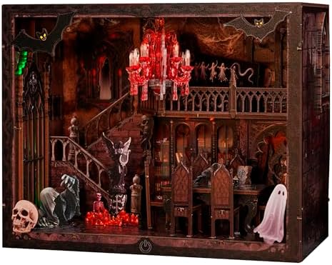 Haunted Manor DIY Miniature House Kit with LED Lights - Gothic Book Nook Decor, 3D Wooden Puzzle for Adults, Halloween Home Decoration (AAA Batteries Not Included)