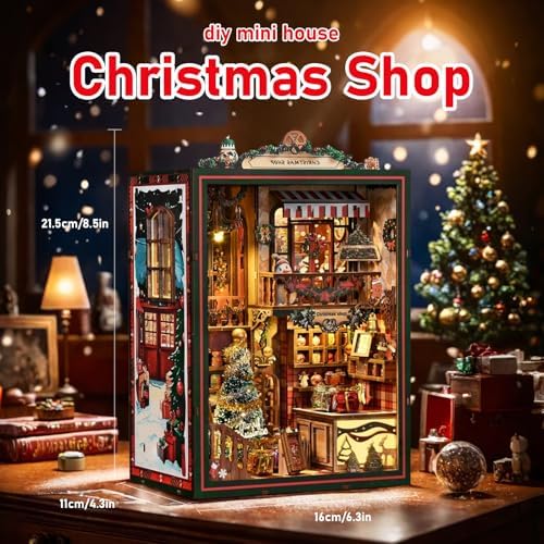 Book Nook LED Music Christmas Book Nook Kit - NEXTIPS 3D Wooden DIY Miniature Store for Shelf Decor