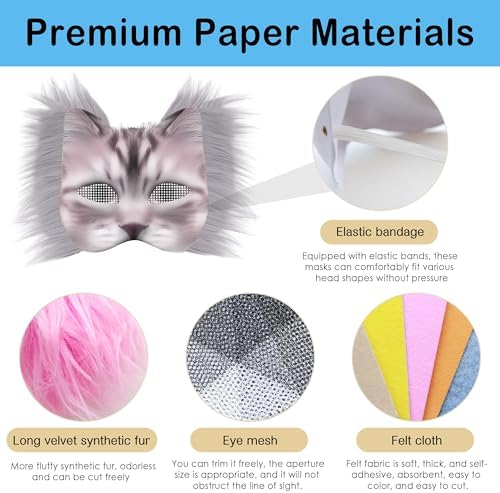 J6&H6 22 Pcs DIY Therian Mask Kit with Exclusive Funny Stickers, Blank Cat Mask,Felt Fabric Sheet, Faux Fur and Eye Mesh Suitable for Christmas Role-Playing Parties