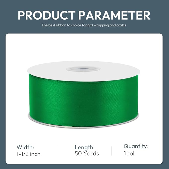 KMER LIFE 1-1/2" Wide x 50 Yards Green Single Faced Polyester Satin Ribbon - Image 2