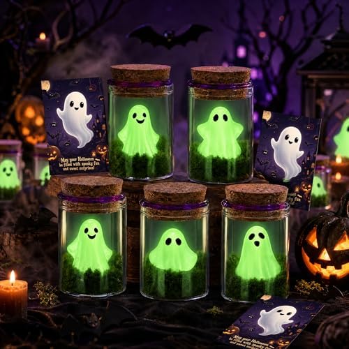 20PCS Halloween Ghost Wish Bottles Kit, Glow in The Dark Mini Ghost Jar Decorations with Decorative Moss, Cards, Tweezers & Twist Ties, Cute Spooky Party Favors and Halloween Gifts