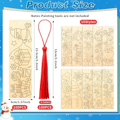 200 Pcs Christmas Wood Bookmarks to Color Bulk, Color Your Own with Tassels