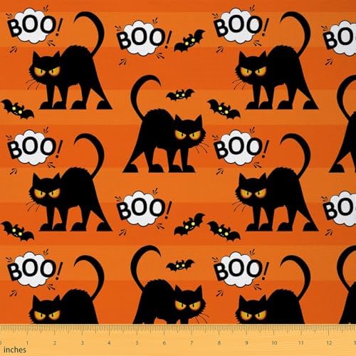 Halloween Theme Fabric by The Yard Cute Cats Cartoon Pet Wild Animals Sewing Fabrics Watercolor Orange Stripes Gothic Style Fabric DIY Soft Polyester No Stretch 3 Yards,108" L x 59" W