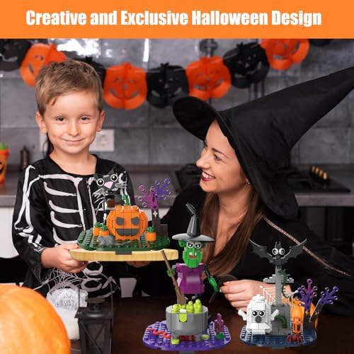 Halloween Building Blocks Set - Pumpkin Ghosts Witch Cat Grave Kit, Party Favors Gift Ornament for Kids