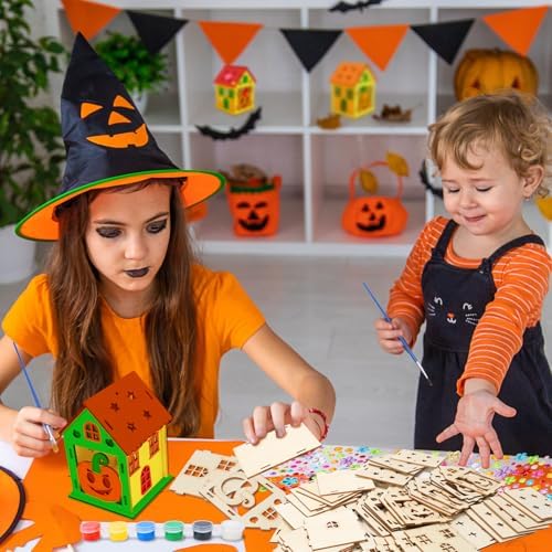 Fennoral 14 Pack Wooden Pumpkin House Craft for Kids - DIY Paint 3D Pumpkin House Art and Craft for Halloween Party Decoration