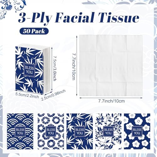 Outus 50 Pack Blue Japanese Pattern Travel Size Pocket Tissues