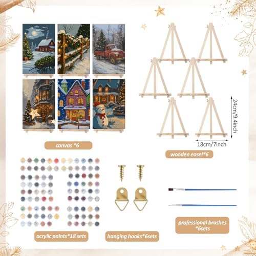 YooNotee 6 Pcs Winter Wonderland Paint by Numbers Kit for Adults 12x8 Inch Christmas Themed Canvas with Easel, DIY Oil Painting for Beginners, Home Wall Decor