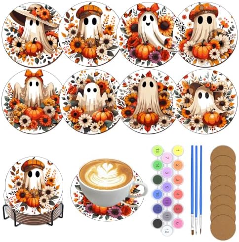 8 Pack Halloween Paint by Numbers Kits Coasters with Holder Cork Pads