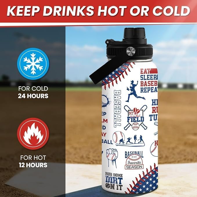 Baseball Water Bottle - 32oz Stainless Steel Insulated Sport Bottles with Lid - Men Baseball Lover Player Fan Coach