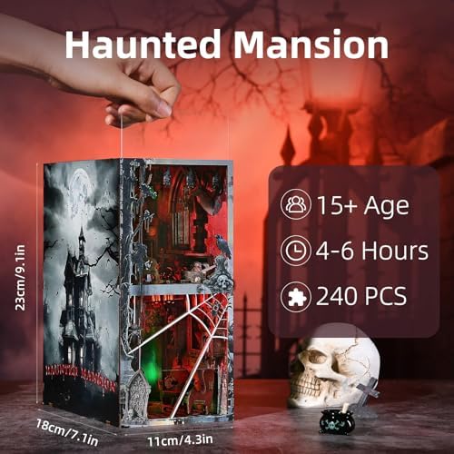 fifijoy Haunted Horror Book Nook Kit, DIY Miniature Dollhouse Halloween Booknook Kit, Spooky Creepy Scary 3D Wooden Puzzle Bookend Bookshelf Insert Decor with LED Light (Haunted Mansion)