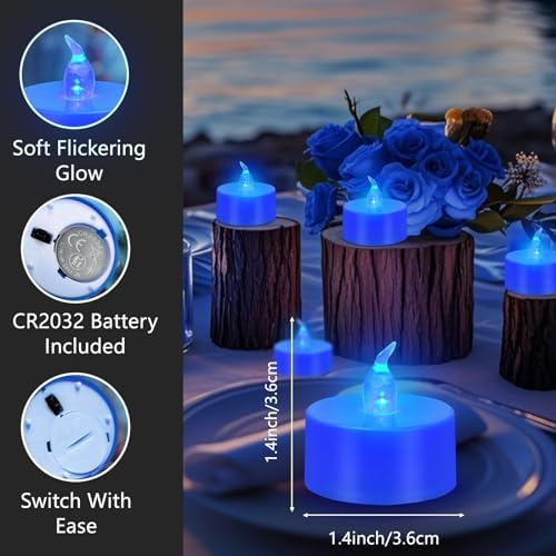 Tea Lights Battery Operated Candles LED Tea Lights Flameless Candles 200+ Hours Flickering Fake Tealights for Sweetest Day Wedding Home Decorations Party (Blue Base, 24 Pack)