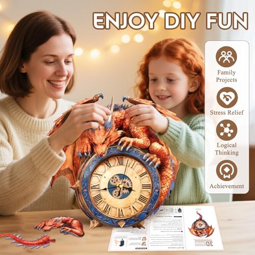 3D Puzzles for Adults Wooden Fire Dragon Puzzle Clock Adult Crafts