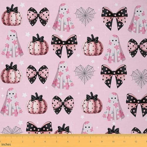 Happy Halloween Fabric by The Yard,Cartoon Ghost Pumpkin Soft Polyester No Stretch Fabric,Coquette Bowknot Decorative Fabrics,Pink Black Crafts & Sewing Supplies,3 Yards,108" L x 59" W