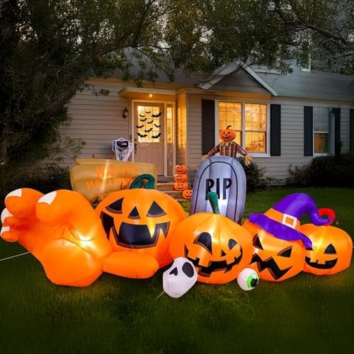 Garma 9.2 Ft Halloween Inflatables Outdoor Decorations, Long Inflatable Blow Ups Yard Decoration Pumpkin with Build-in LEDs, Gravestone and Witch Hat for Halloween Party Indoor, Lawn, Garden Decor