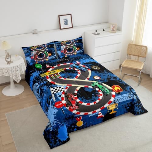 King Size Comforter Sets for Boys Kids,Racing Car Bedding Comforter Sets,Cars Bedding for Teens Men,Cars Lover Bedding,Cool Race Cars Quilt Bed Set with 1 Comforter 2 Pillowcases(Blue Red)