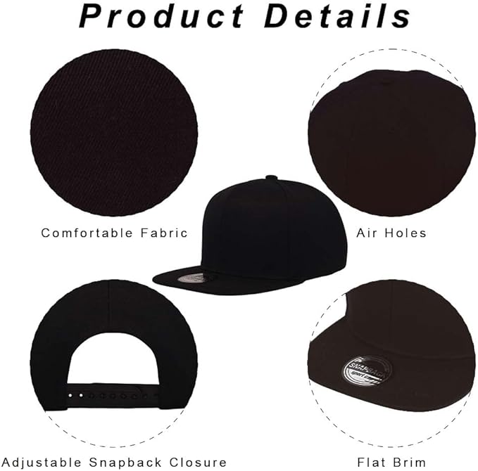 ZH Plain Flat Brim Snapback Baseball Caps Adjustable Blank Baseball Caps Wholesale 12 Pack