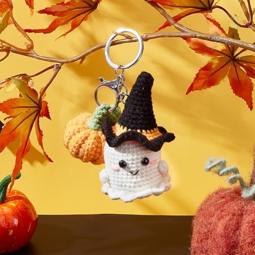 ORIGACH 4 Pcs Halloween Ghost and Mini Pumpkin Crochet Kit for Beginners, DIY Crochet Kit for Adults, Complete Crochet Keychain Set with Step by Step Video Tutorial for Halloween Parties Gatherings