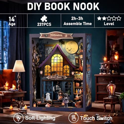 Book Nook Kit Halloween Mini House Kit - 3D Wooden DIY Castle with LED Lights, Spooky Bookshelf Decor for Teens and Adults