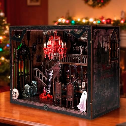 Haunted Manor DIY Miniature House Kit with LED Lights - Gothic Book Nook Decor, 3D Wooden Puzzle for Adults, Halloween Home Decoration (AAA Batteries Not Included)