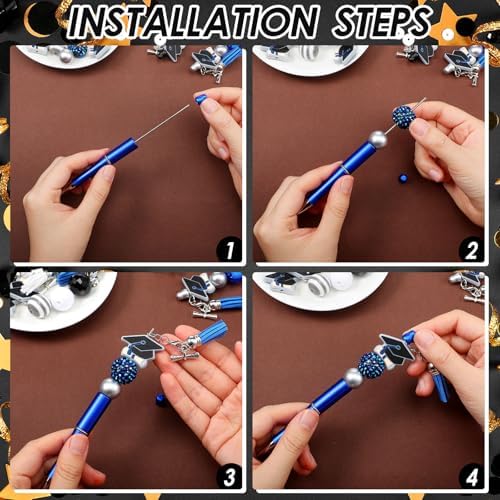 Jutom 12 Pcs Graduation Beadable Pens with 50 Pcs Focal Beads 12 Tassels 12 Cap Pendants DIY Making Kit for Office Gift