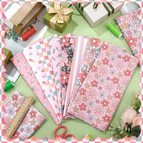 Hahafelt 10 Pcs Fall Retro Pink Floral Quilting Fabric Bundles 20 x 20 Inch