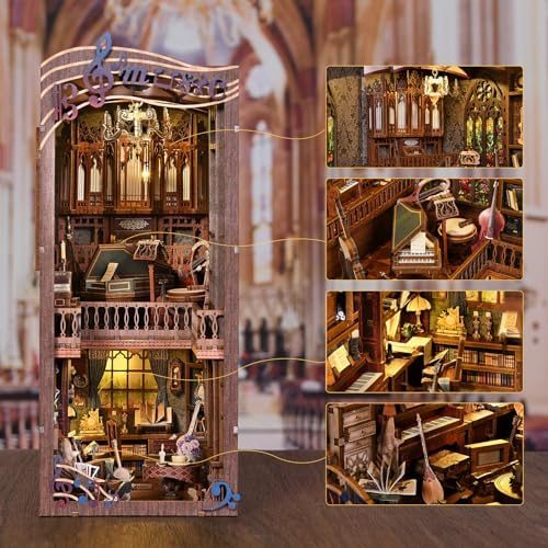 fifijoy Book Nooks, DIY Miniature Book Nook Kit Music, 3D Wooden Puzzle Bookends for Bookshelf Insert Decor with Led Light for Teens and Adults (Timeless Melody)