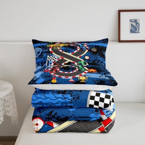 King Size Comforter Sets for Boys Kids,Racing Car Bedding Comforter Sets,Cars Bedding for Teens Men,Cars Lover Bedding,Cool Race Cars Quilt Bed Set with 1 Comforter 2 Pillowcases(Blue Red)