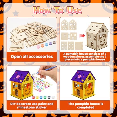 Fennoral 14 Pack Wooden Pumpkin House Craft for Kids - DIY Paint 3D Pumpkin House Art and Craft for Halloween Party Decoration