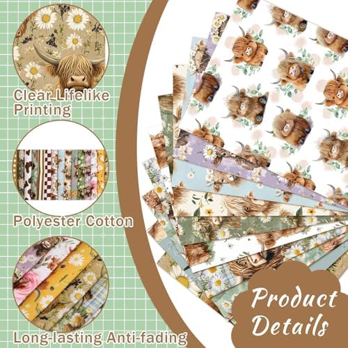 Hahafelt 10 Pcs 18"x22" Highland Cow Fat Quarters Sunflower Fabric Bundle