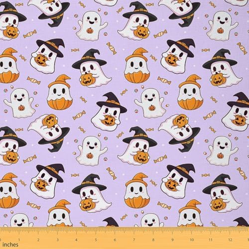 Feelyou Happy Halloween Soft Flannel Fabric by The Yard Kids 1 Yard Light Purple Cute Ghost Upholstery Fabric Pumpkin Candy Spooky Trick or Treat for Home DIY Projects, Indoor Decor