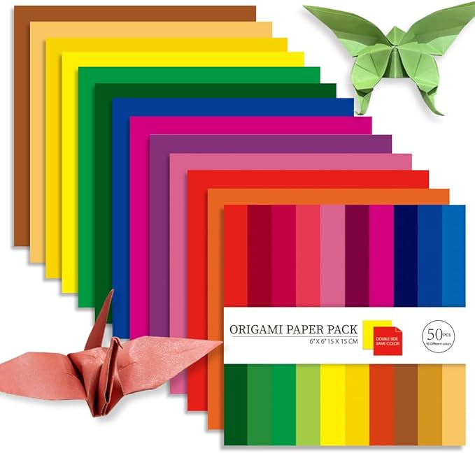 Square Origami Paper 6x6 Double Sided 50 Sheets 50 Colors 70GSM Origami Kit by Mifuner