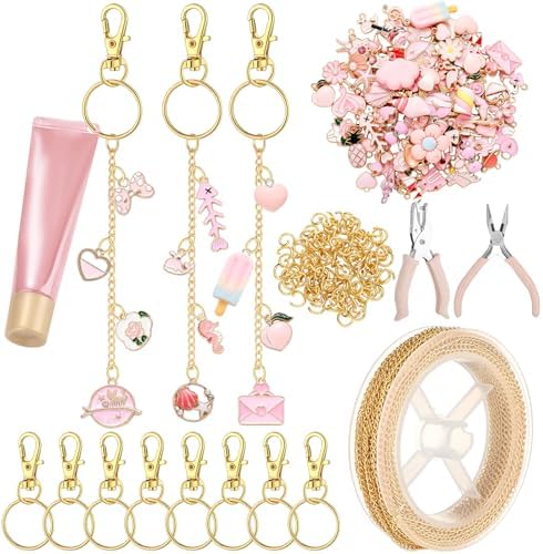 VioraWhite 213 Pcs Keychain Making Kit Bag Charm Kit Lip Gloss Key Chain 100 Pink Enamel Charms 32.81 ft Gold Chains for Galentines DIY Crafts Women(Elegant)