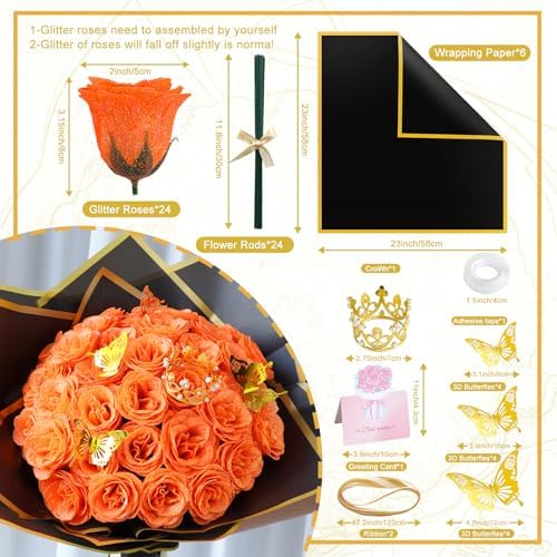 CCYXSHOW DIY Glitter Roses Bouquet Kit -Artificial Orange Rose Bouquet Fall Everlasting Flowers Fake Shiny Bouquet, Anniversary, Engagement, Wedding, Birthday Party Gifts,24 Roses