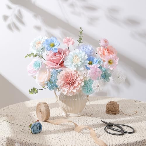 Floweroyal Artificial Flowers Fake Rose Flowers Dahlia with Stems for DIY Wedding Bridal Bouquets, Baby Shower, Floral Arrangement, Table Centerpieces, Home Decorations