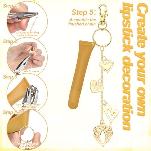 VioraWhite 213 Pcs Gold Keychain Making Kit Summer Bag Charm Kit Lip Gloss Keychain 100 Enamel Charms 32.81 ft Gold Chains for DIY Crafts Women
