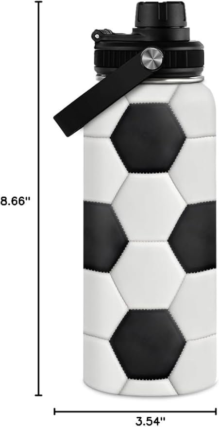 Soccer Water Bottle with Lid - 32oz Insulated Stainless Steel Sport Bottles - Men Soccer Player Fan Coach