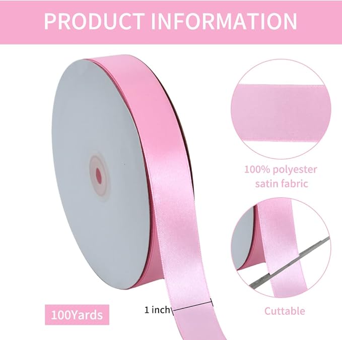 TONIFUL 1 Inch x 100yds Baby Pink Satin Ribbon, Thin Solid Color Satin Ribbon - Image 2