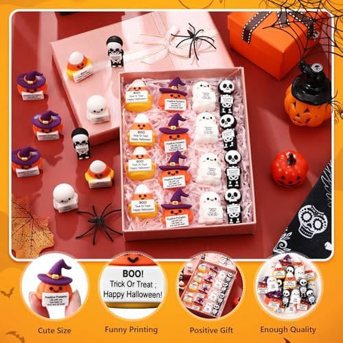 Gejoy 25 Pcs Halloween Mini Rubber Figurine with Motivational Messages Mini Ghost Pumpkin Candy Corn Skeleton Positivity Signs for Office Home Halloween Party Decorations Gifts