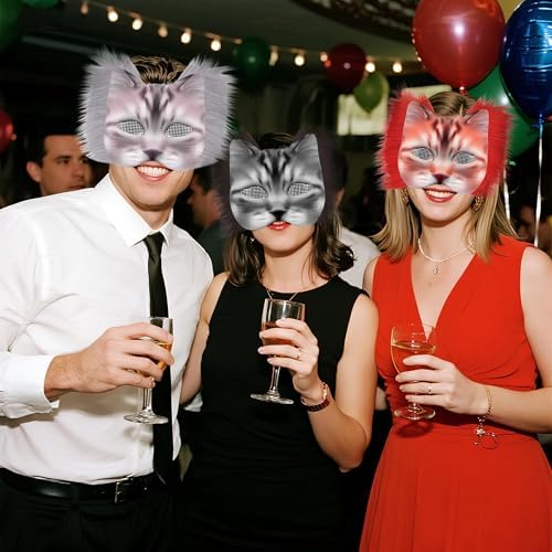 J6&H6 31 Pcs DIY Therian Mask Kit with Exclusive Funny Stickers, Blank Cat Mask,Fabric Sheet, Faux Fur and Eye Mesh Suitable for Christmas Ghost Role-Playing Parties(Grey)