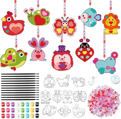 Dunzoom 30 Pack Valentine's Day Suncatcher Craft Kits for Classroom Exchange - DIY Pink Heart Paint Art Set - Bulk Valentines Party Favors Gifts, Non-Candy Activity, Window Ornaments Decor