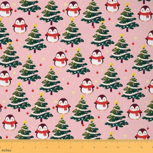 JEJELOIU Merry Christmas Fabric by The Yard Cartoon Penguin Upholstery Fabric Xmas Funny Animal Printed Waterproof Indoor Outdoor Decor for DIY Sewing Craft Projects 5 Yards