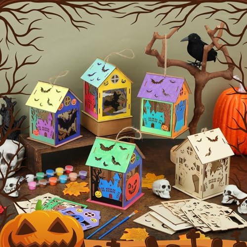 DoubleFill 36 Set Halloween Bird House Kits, Wooden House Crafts and Arts