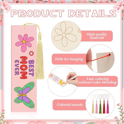200 Pcs Mother's Day Wood Bookmarks to Color, Color Your Own with Tassels
